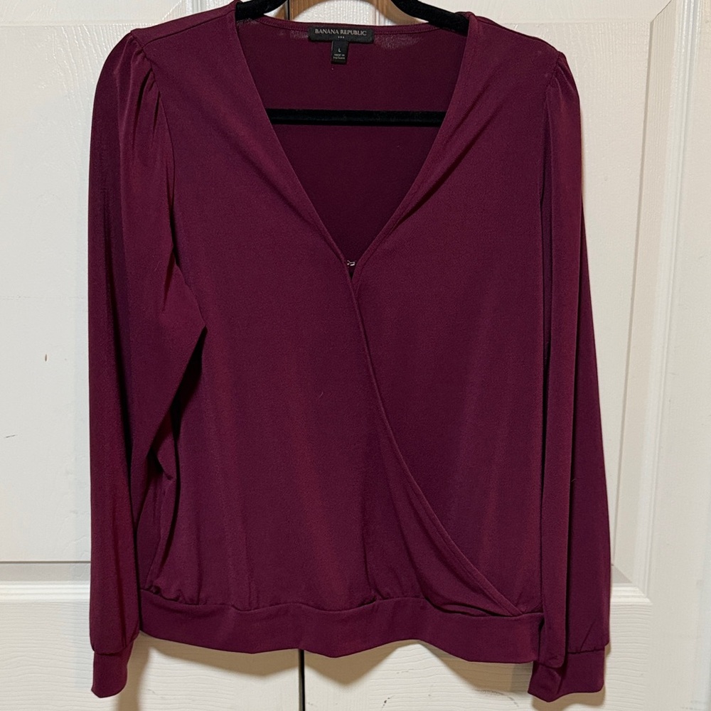 Banana Republic Women's Deep Plum Wrap-Front Blouse. Size Large